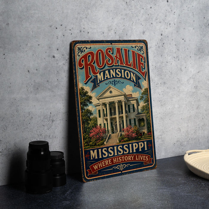 A vintage-style metal sign for Rosalie Mansion, a historic mansion located in Mississippi, with a large illustration of the mansion and surrounding landscape.