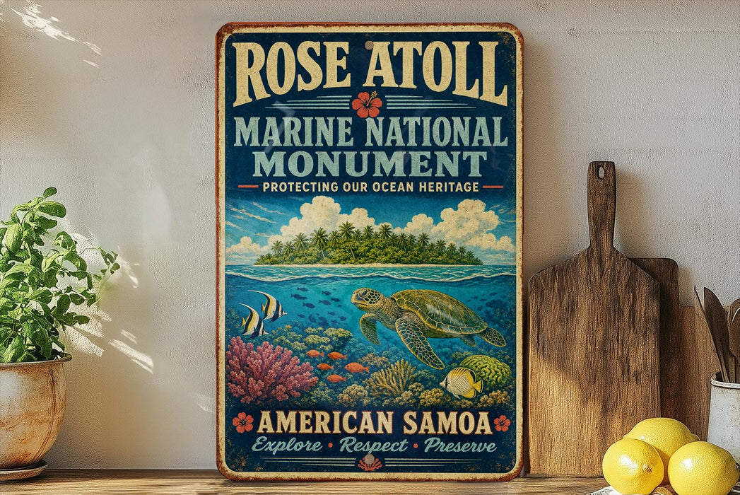 A vintage-style metal sign for Rose Atoll Marine National Monument, featuring an illustration of a tropical island, sea turtle, and coral reef.