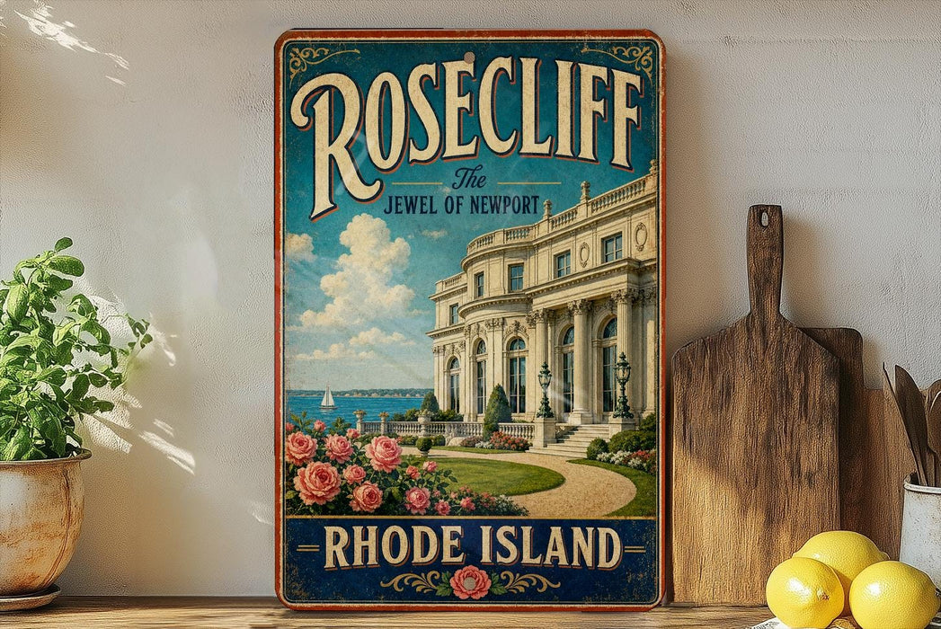 A vintage-style poster of the Rosecliff Jewel of Newport, Rhode Island, featuring a large white building with columns and a garden with pink roses, set against a blue background with a cloudy sky.