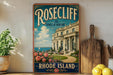A vintage-style poster of the Rosecliff Jewel of Newport, Rhode Island, featuring a large white building with columns and a garden with pink roses, set against a blue background with a cloudy sky.