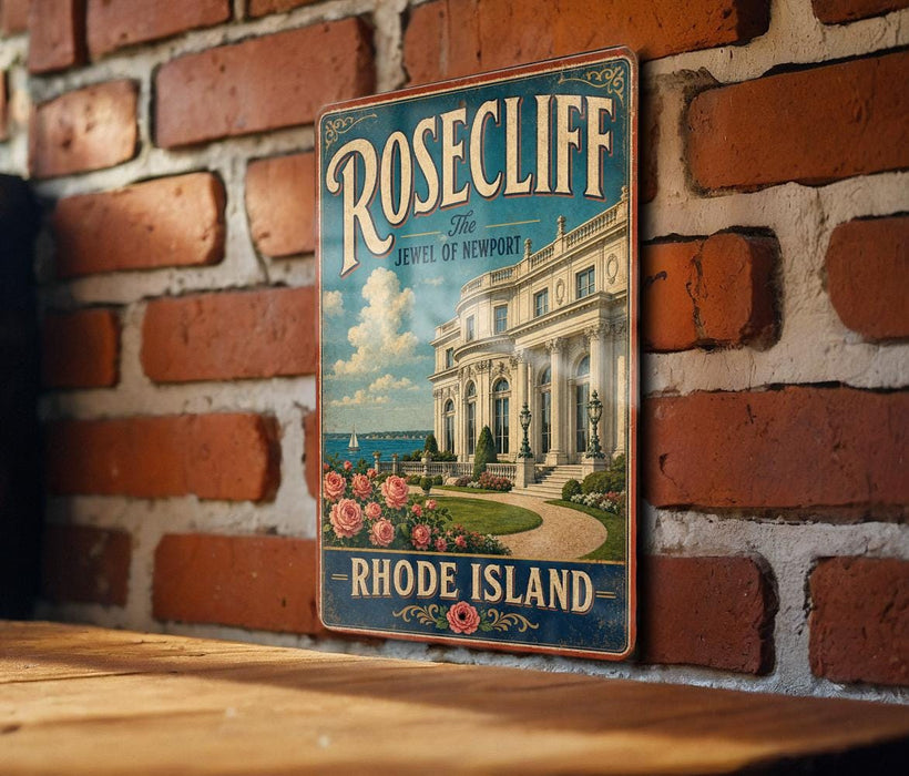 A vintage-style metal sign with the text "ROSECLIFF THE SEVEN OF NEWPORT RHODE ISLAND" is displayed on a brick wall.