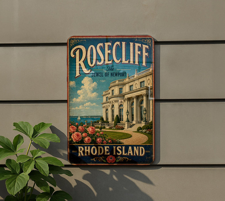A vintage-style sign for Rosecliff Jewel of Newport, Rhode Island, featuring a large building and a scenic landscape with roses.