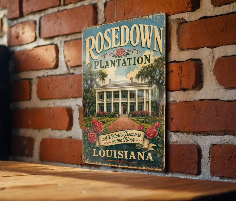 A vintage-style sign for "Rosedown Plantation" in Louisiana, featuring a large illustration of a historic plantation house surrounded by roses and greenery.