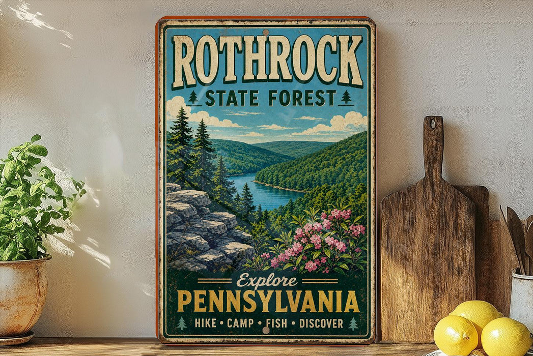 A vintage-style poster advertising Rothrock State Forest in Pennsylvania, featuring a scenic landscape with pine trees, a river, and mountains.