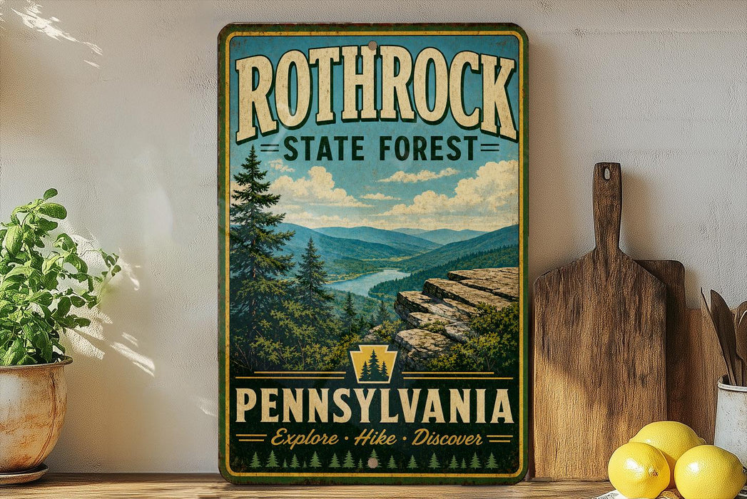 A vintage-style metal sign for Rothrock State Forest in Pennsylvania, featuring a scenic mountain landscape with pine trees and a river.