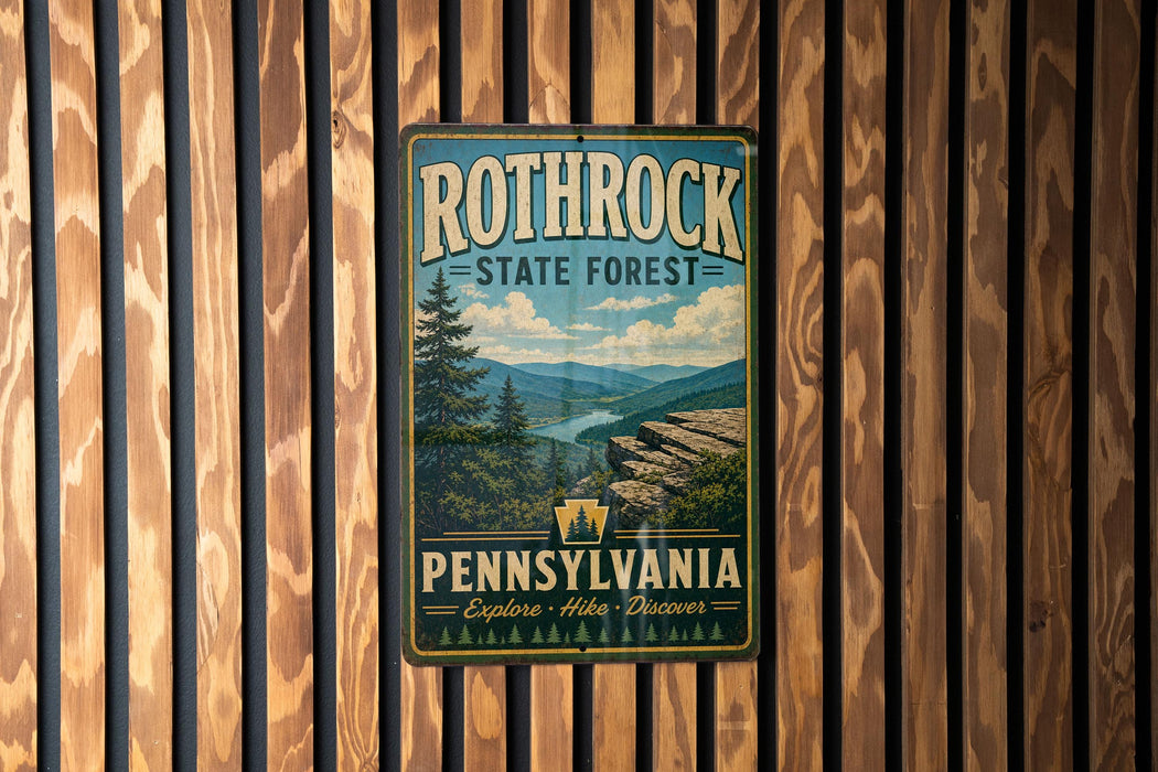 A vintage-style metal sign for Rothrock State Forest in Pennsylvania, featuring a scenic mountain landscape and the text "Pennsylvania Explore. Hikes. Discover."