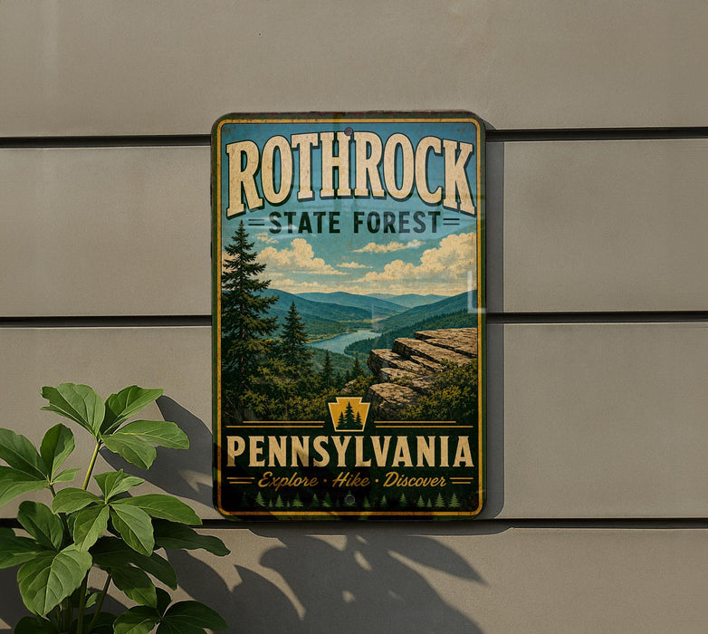 A vintage-style metal sign for Rothrock State Forest in Pennsylvania, featuring a scenic mountain landscape with pine trees and a river.