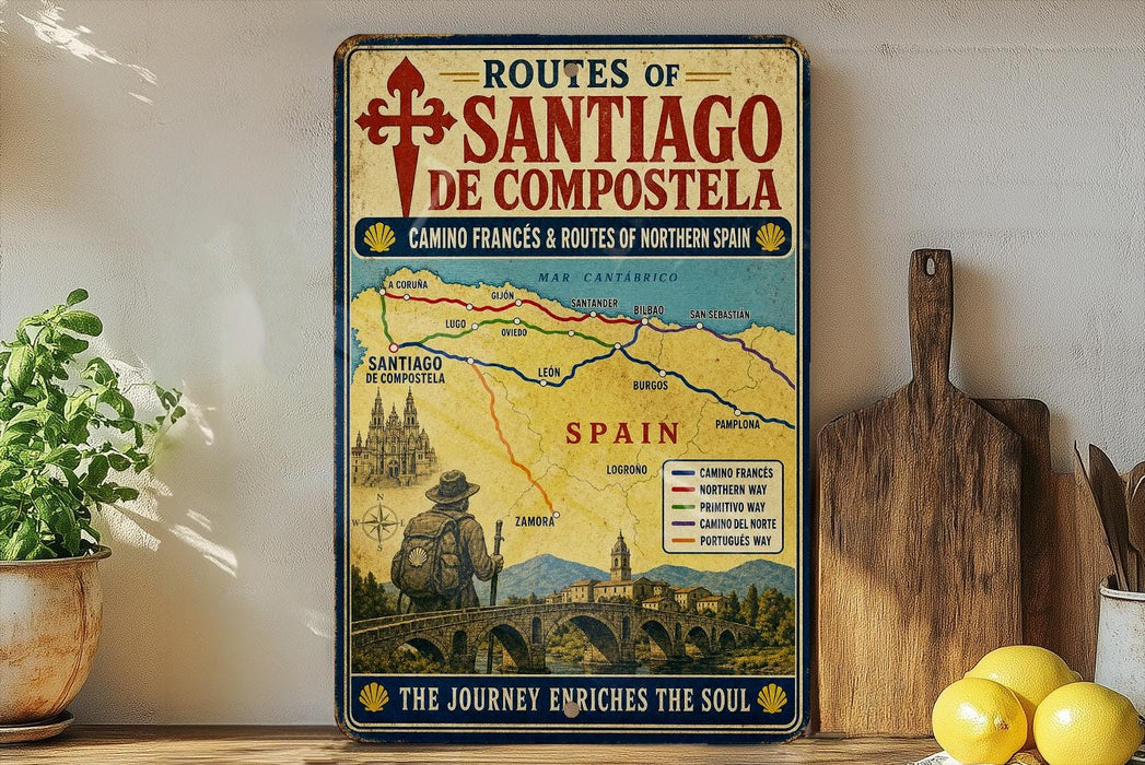 a vintage-style map of the Routes of Santiago de Compostela, with a wooden paddle and a potted plant on a shelf in the background.