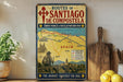 a vintage-style map of the Routes of Santiago de Compostela, with a wooden paddle and a potted plant on a shelf in the background.