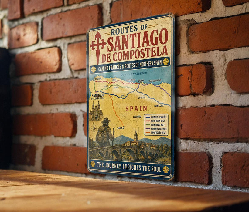 A vintage metal sign displaying the routes of Santiago de Compostela, featuring a map and illustrations of landmarks and cities along the way.