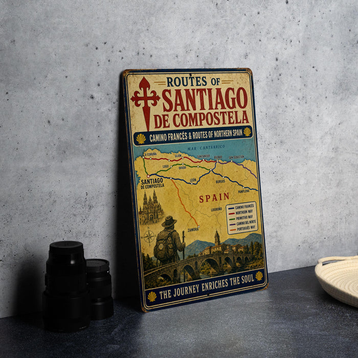 A vintage metal sign displaying the routes of Santiago de Compostela, Spain, with a map and illustrations of landmarks and locations.