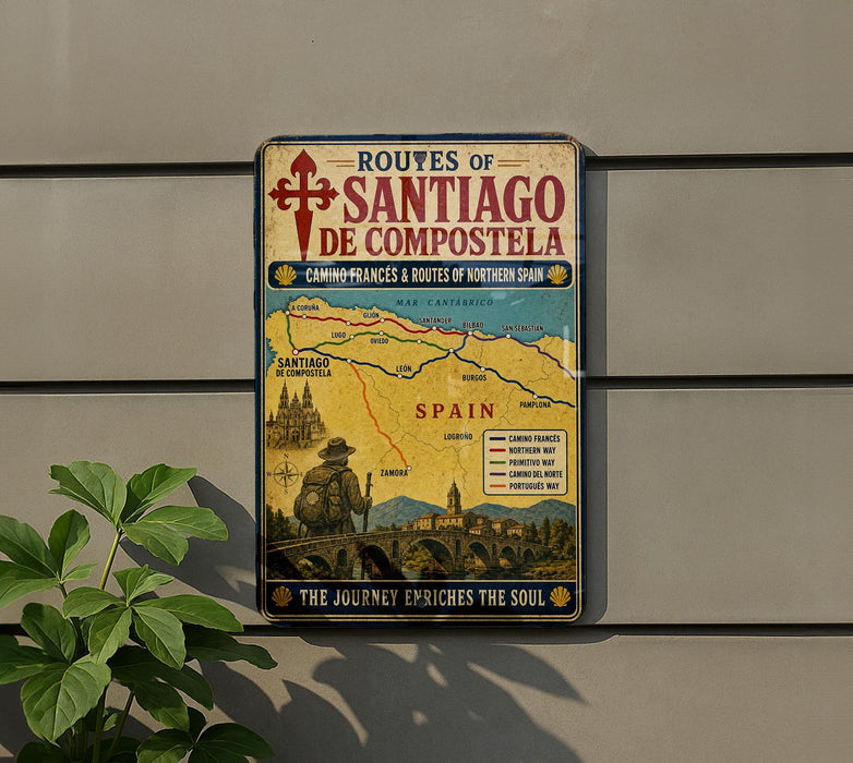 A vintage metal sign displaying the routes of Santaíago de Compostela, with a map and text indicating the journey to the city.