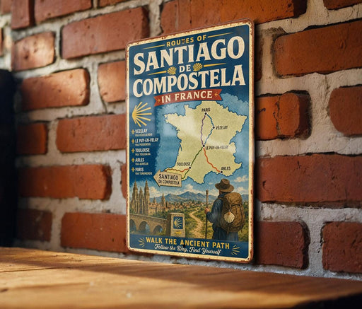 A vintage metal sign on a brick wall, displaying a map of the Routes of Santiago de Compostela in France, with a person holding a walking stick and a map of the region.