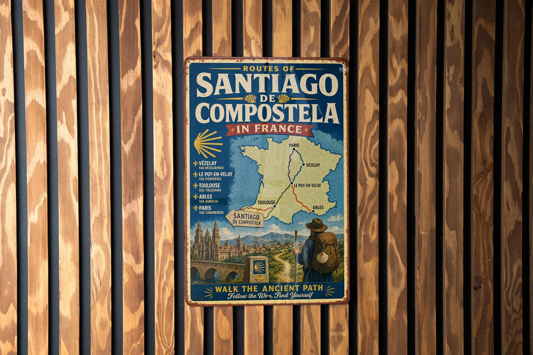 A vintage metal sign on a wooden wall, advertising the Routes of Santiago de Compostela in France.