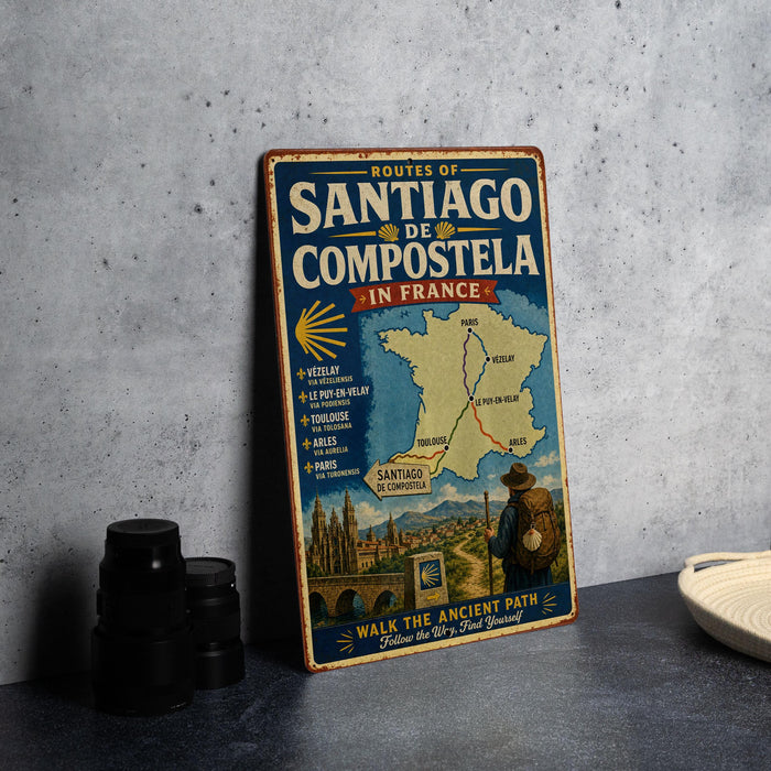 A vintage-style metal sign displaying the routes of Santiago de Compostela in France, with a map and text providing directions to various cities along the route.