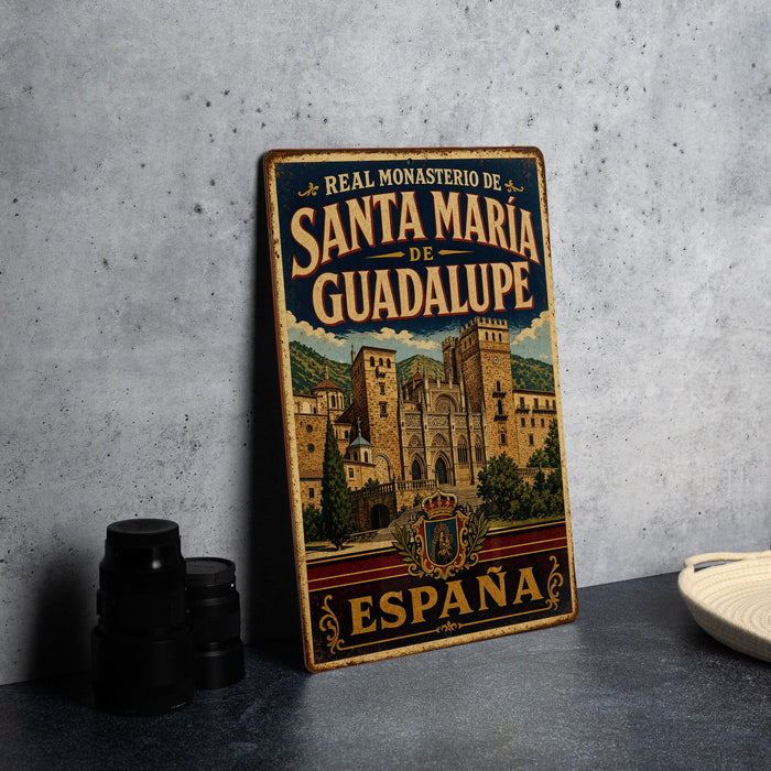A vintage metal sign for Santa Maria de Guadalupe, the famous Monastery in Spain, featuring an illustration of the historic site.