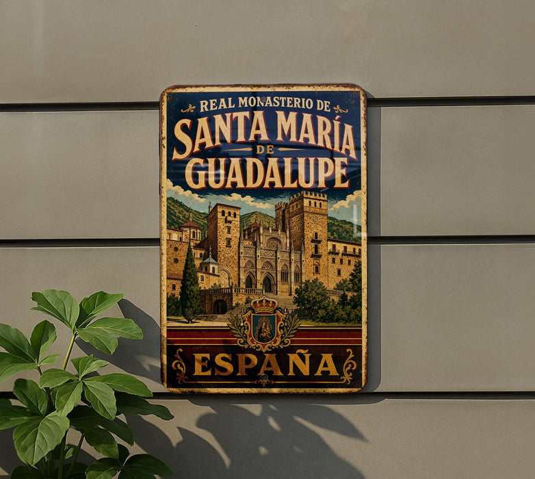 A vintage metal sign with the text "REAL MONASTERIO DE SANTA MARIA DE GUADALUPE ESPAÑA" and an illustration of a castle, with the word "ESPAÑA" below it.