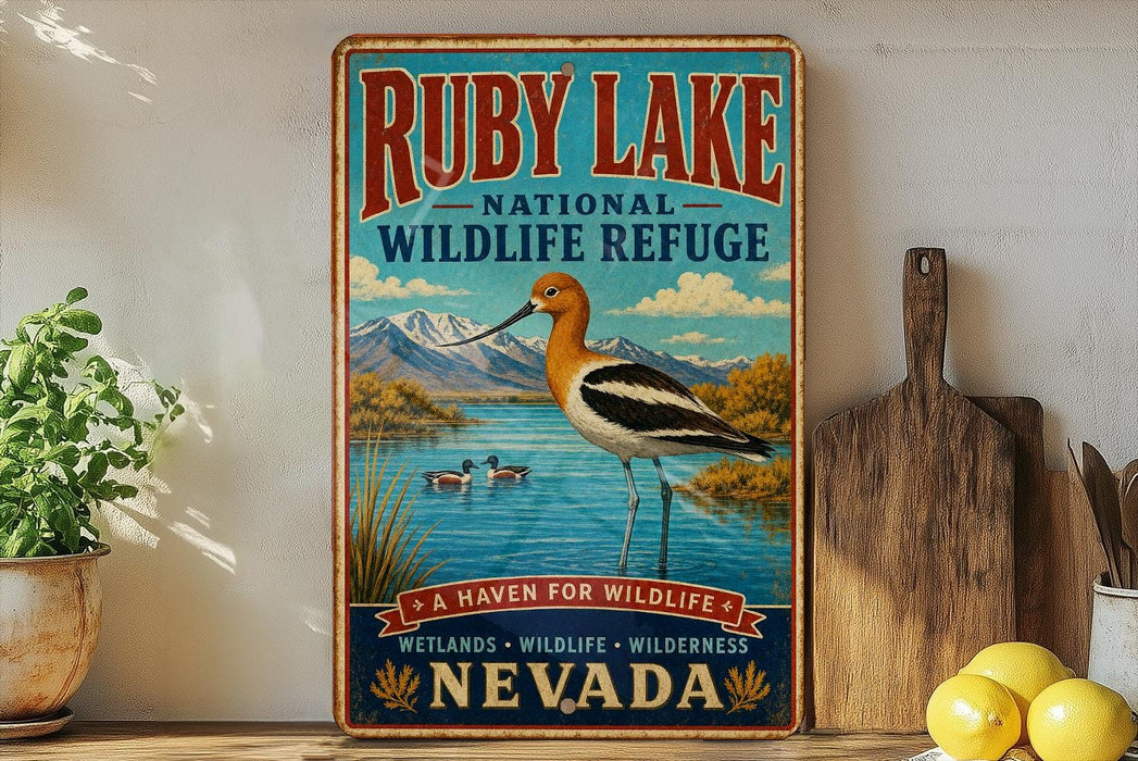 A vintage-style sign for Ruby Lake National Wildlife Refuge in Nevada, featuring an illustration of a bird standing on a lake with mountains in the background.