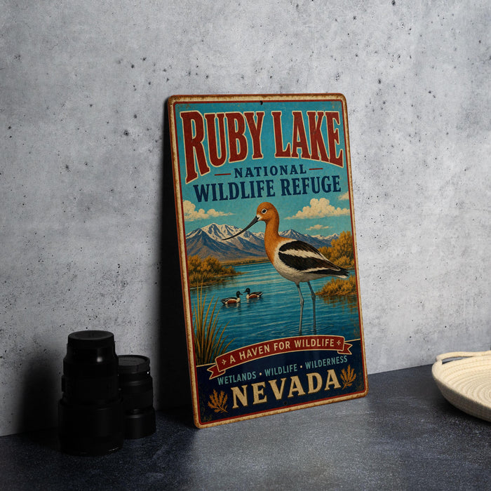 A vintage-style sign for the Ruby Lake National Wildlife Refuge in Nevada, featuring an illustration of a bird and a serene landscape.