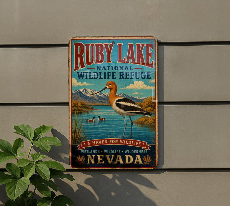 A vintage-style metal sign for Ruby Lake National Wildlife Refuge in Nevada, featuring a large bird and a scenic landscape.