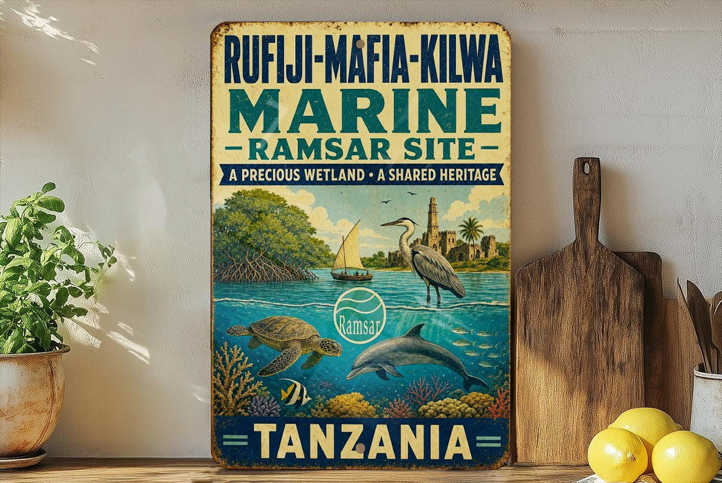 a vintage-style sign advertising the Rufiji-Mafia-Kilwa Marine Ramasar Site in Tanzania, with a tropical beach scene and various marine life depicted.