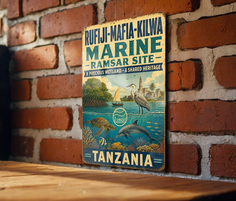 a vintage-style sign for the Rufiji-Mafia-Kilwa Marine Site in Tanzania, depicting a seascape with various marine life.