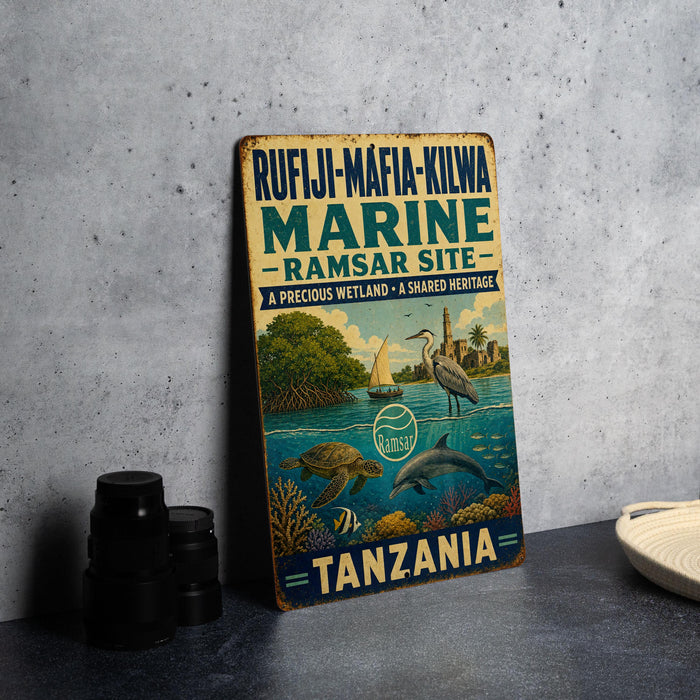 a vintage-style metal sign with a colorful illustration of marine life and a coastal scene, placed on a gray countertop next to some black camera lenses.
