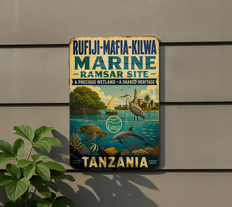 a vintage metal sign with a colorful illustration of marine life, including a bird, fish, and coral, set against a backdrop of a tropical island.