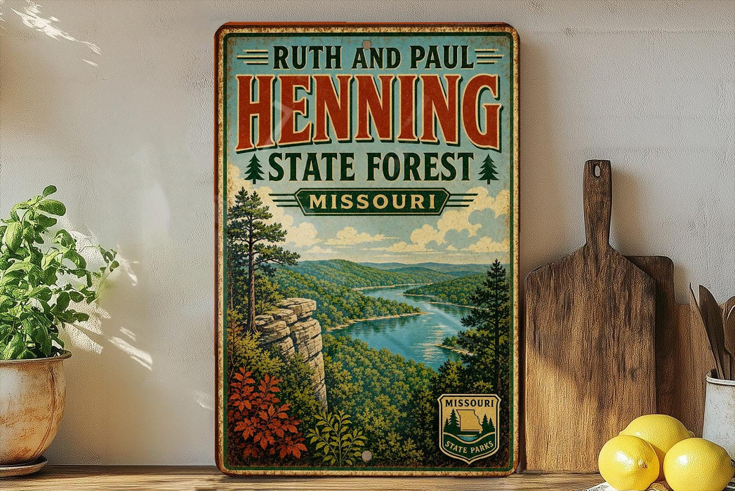 A vintage-style poster of the Missouri State Forest in Ruth and Paul Henning, featuring a scenic landscape with a river and mountains.