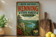A vintage-style poster of the Missouri State Forest in Ruth and Paul Henning, featuring a scenic landscape with a river and mountains.