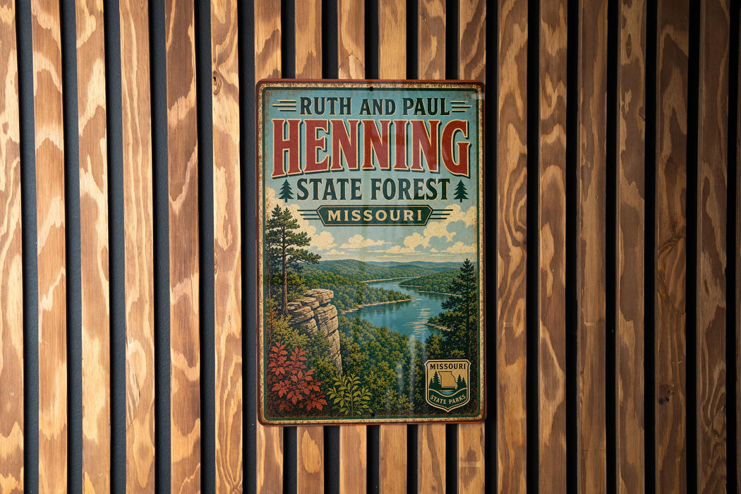 A vintage-style metal sign for the Ruth and Paul Henning State Forest in Missouri, featuring a scenic landscape with a river, mountains, and pine trees.