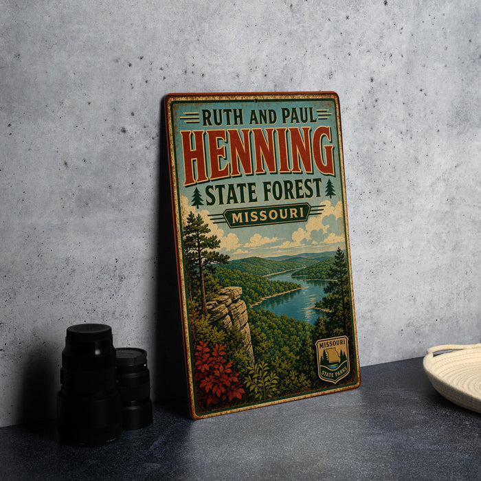 A vintage-style metal sign for the Ruth and Paul Henning State Forest in Missouri, featuring a scenic landscape with a river and mountains.