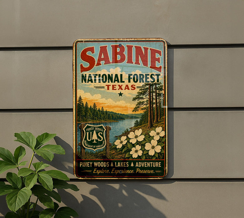 A vintage metal sign for Sabine National Forest in Texas, featuring a scenic landscape with pine trees, a river, and white flowers.