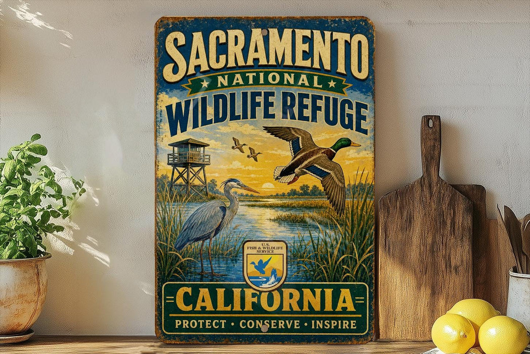 A vintage-style sign for the Sacramento National Wildlife Refuge in California, featuring an illustration of a bird and a duck in a natural setting.