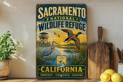 A vintage-style sign for the Sacramento National Wildlife Refuge in California, featuring an illustration of a bird and a duck in a natural setting.