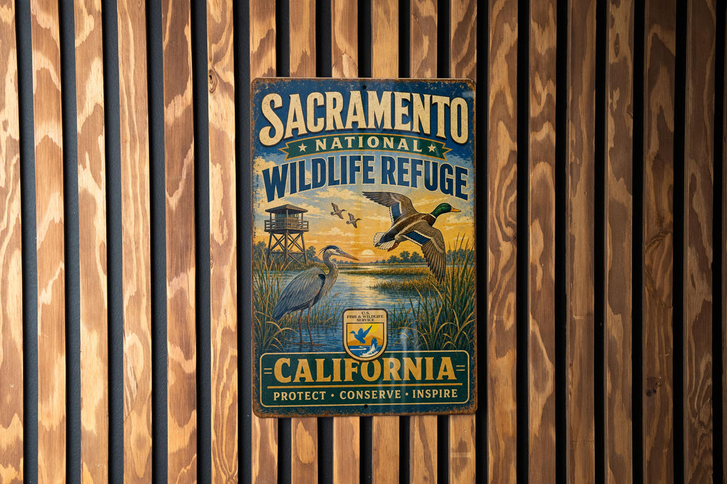 A vintage metal sign for the Sacramento National Wildlife Refuge in California, featuring an illustration of ducks and a birdhouse.