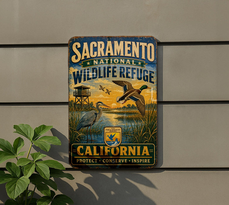 A vintage-style sign for the Sacramento National Wildlife Refuge in California, featuring illustrations of birds and a scenic landscape.