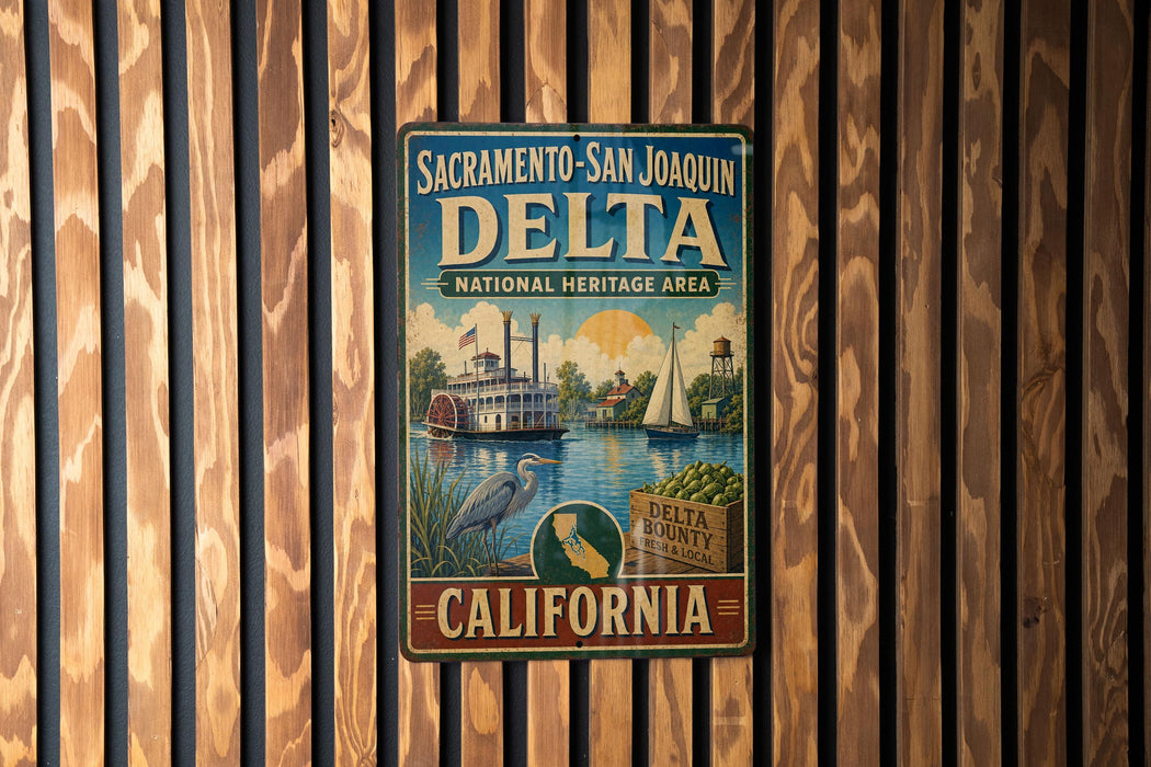 A vintage-style metal sign for the Delta National Heritage Area in Sacramento, California, featuring illustrations of a river, boats, and a bird.