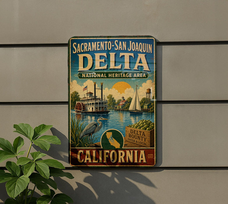 A vintage-style sign for the Sacramento-San Joaquin Delta National Heritage Area, featuring illustrations of a river, a steamboat, and a bird.
