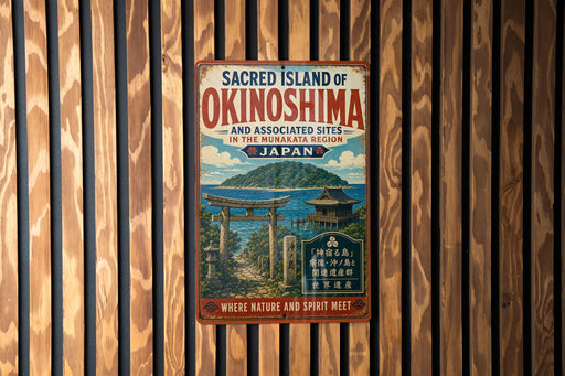 a vintage-style sign for the Sacred Island of Okinawa, Japan, with a wooden background and a Japanese-style illustration of a temple and a mountain.