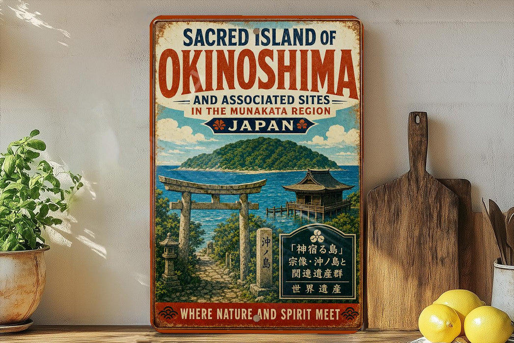 a vintage-style sign for the Sacred Island of Okinawa, Japan, with a scenic illustration of a traditional Japanese temple and a serene ocean view.