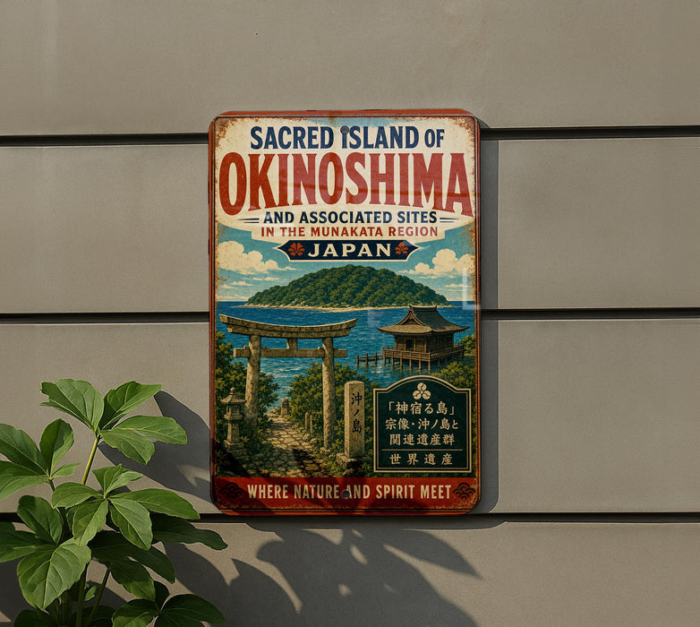 a vintage-style sign for the Sacred Island of Okinawa, Japan, with a scenic illustration of a torii gate and a temple surrounded by nature.