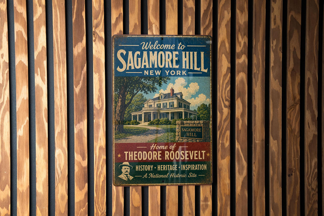A vintage-style metal sign welcoming visitors to Sagamore Hill, New York, with a depiction of a house and a sign that says "Home of Theodore Roosevelt".
