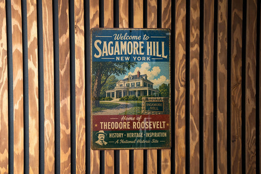 A vintage-style metal sign welcoming visitors to Sagamore Hill, New York, with a depiction of a house and a sign that says "Home of Theodore Roosevelt".