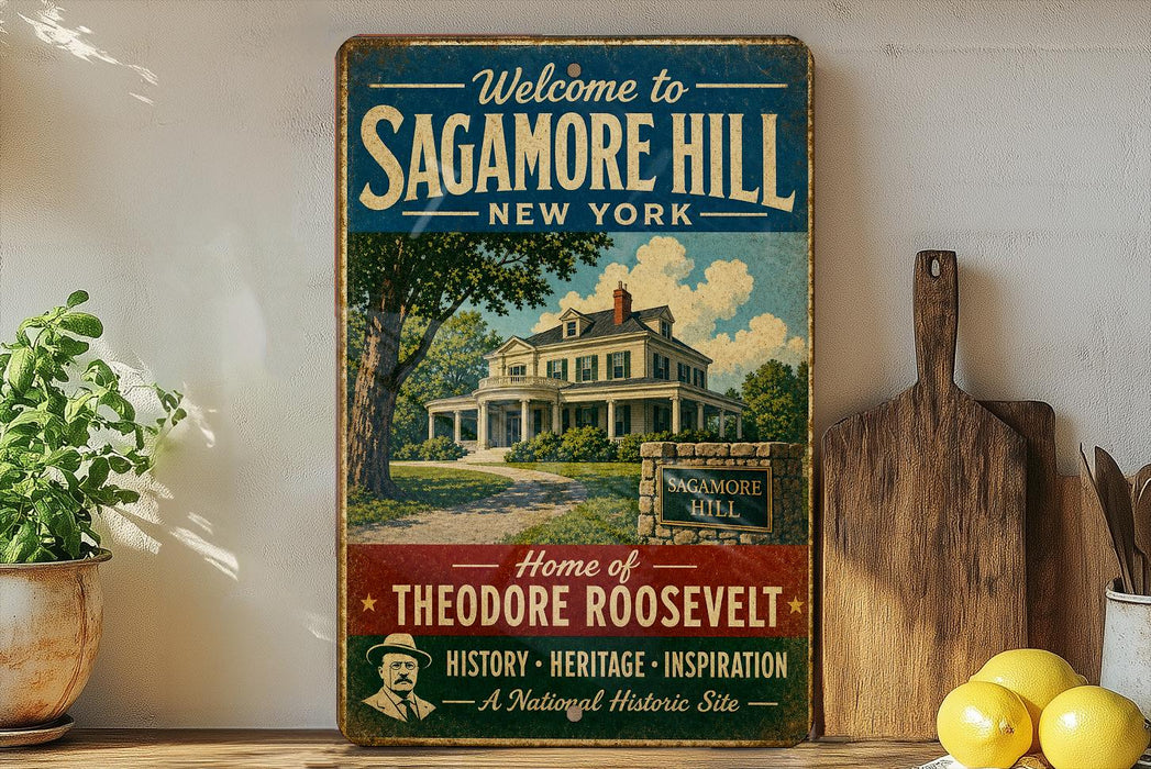 A vintage-style sign welcoming visitors to Sagamore Hill, New York, featuring a large house and a tree, with a wooden cutting board and lemons in the foreground.