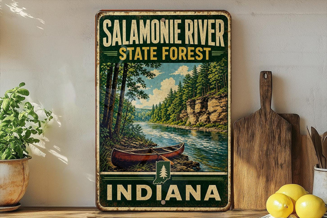 A vintage-style metal sign for the Salamonie River State Forest in Indiana, featuring a canoe on a river surrounded by trees and mountains.