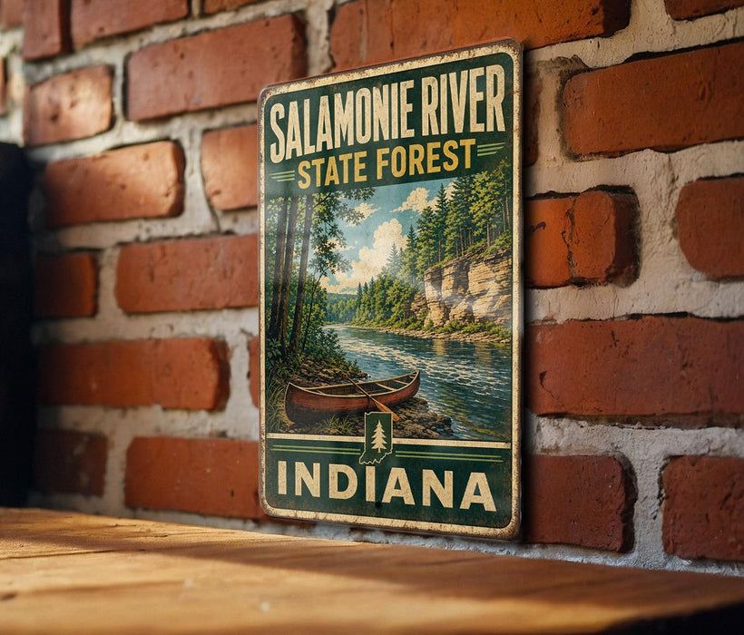 A vintage metal sign for the Salamonie River State Forest in Indiana, featuring a scenic image of a canoe on a river surrounded by trees.