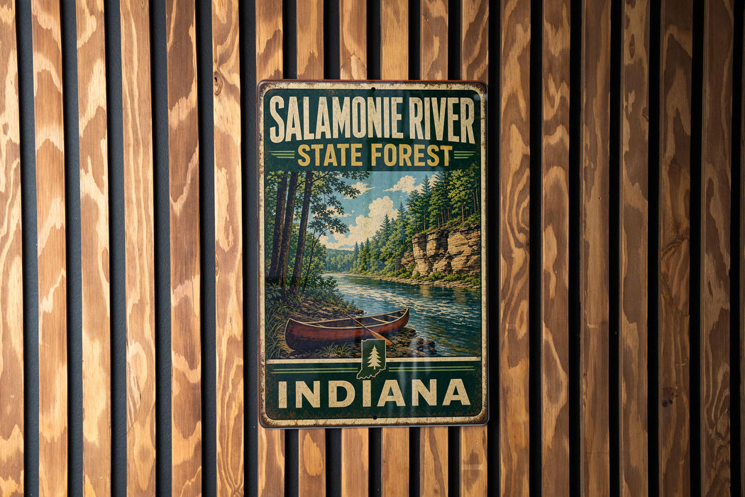 A vintage-style metal sign for the Salamonie River State Forest in Indiana, featuring a canoe and a scenic landscape.