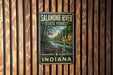 A vintage-style metal sign for the Salamonie River State Forest in Indiana, featuring a canoe and a scenic landscape.