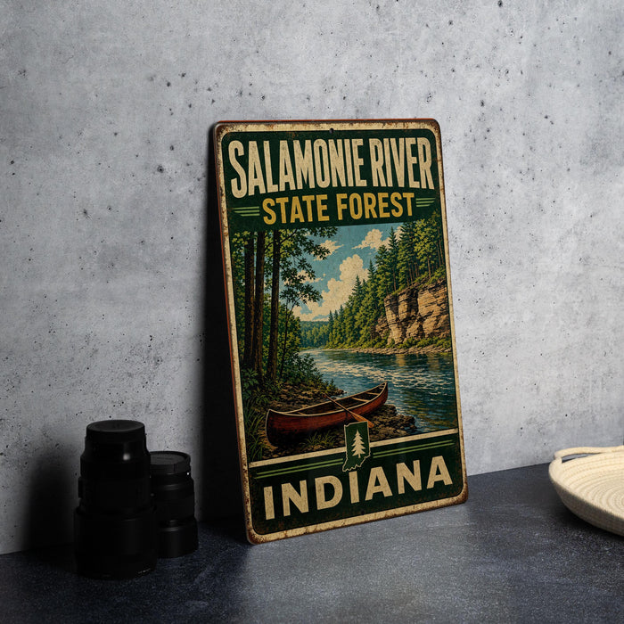 A vintage-style metal sign for the Salamonie River State Forest in Indiana, featuring a canoe and a scenic landscape.